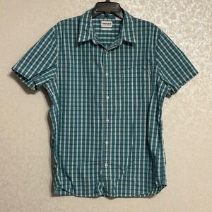 Timberland Plaid Shirt Short Sleeve Button Up Slim‎ Fit Aqua Green & White XL